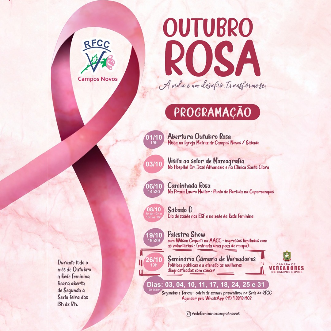 Outubro Rosa: Câmara e Procuradoria Especial da Mulher fazem parte da programação